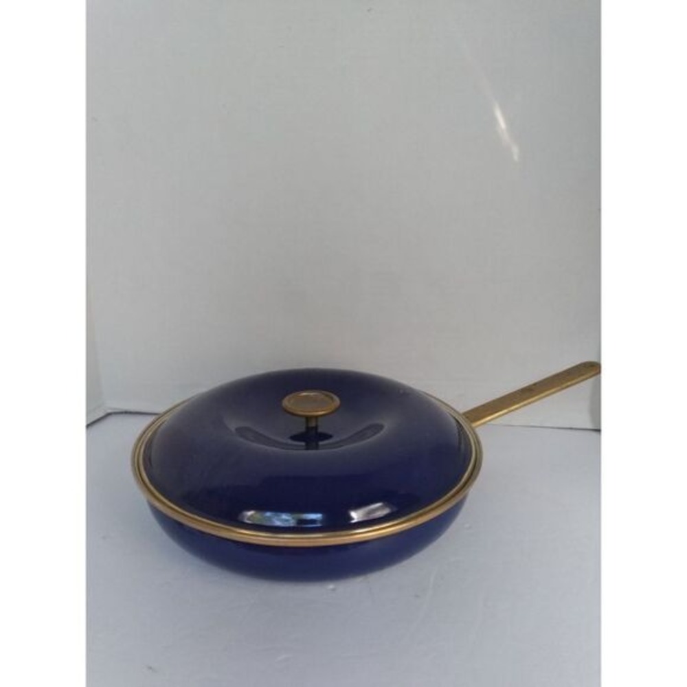 Copco Sam‎ Lebowitz Fry Pan Skillet Lid Enamelware Blue Gold Trim 10"
